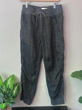 Anthropologie Black Plaid Jogger Pants with Leopard Side Panels